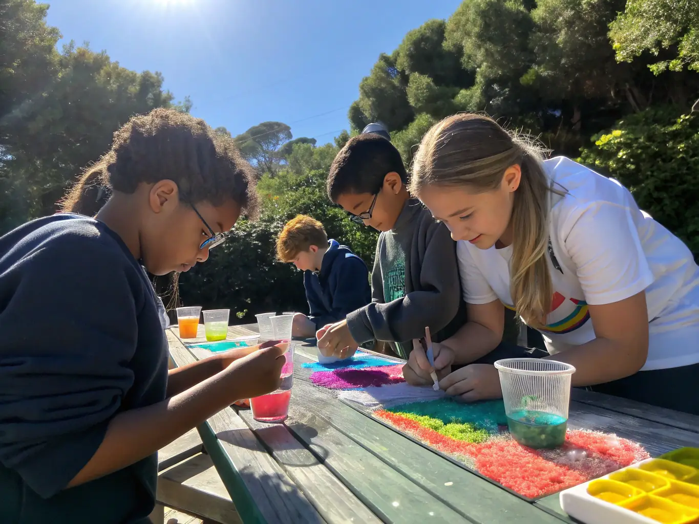 A group of students participating in a science experiment outdoors, surrounded by trees and natural elements, showcasing hands-on learning.